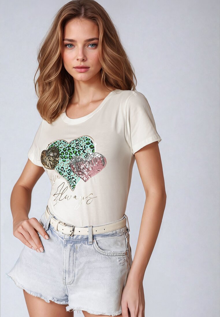 Biały Bawełniany T-shirt z Nadrukiem w Kształcie Serc Gennea