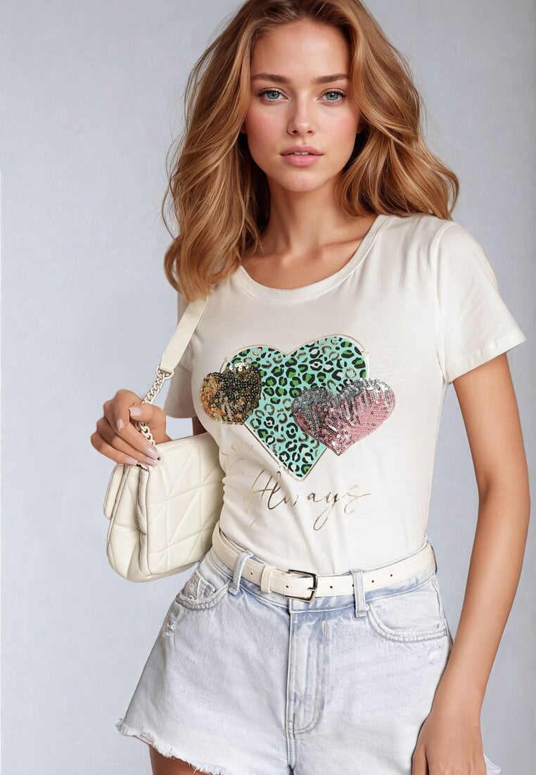 Biały Bawełniany T-shirt z Nadrukiem w Kształcie Serc Gennea