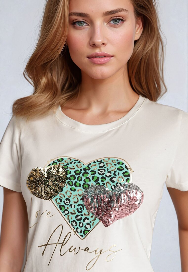 Biały Bawełniany T-shirt z Nadrukiem w Kształcie Serc Gennea