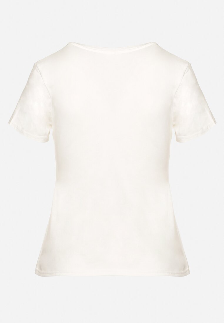 Biały Bawełniany T-shirt z Błyszczącym Nadrukiem Karonea