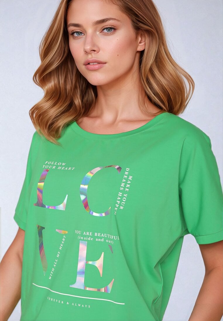 Zielony T-shirt z Bawełny Ozdobiony Metalicznym Napisem Mironea
