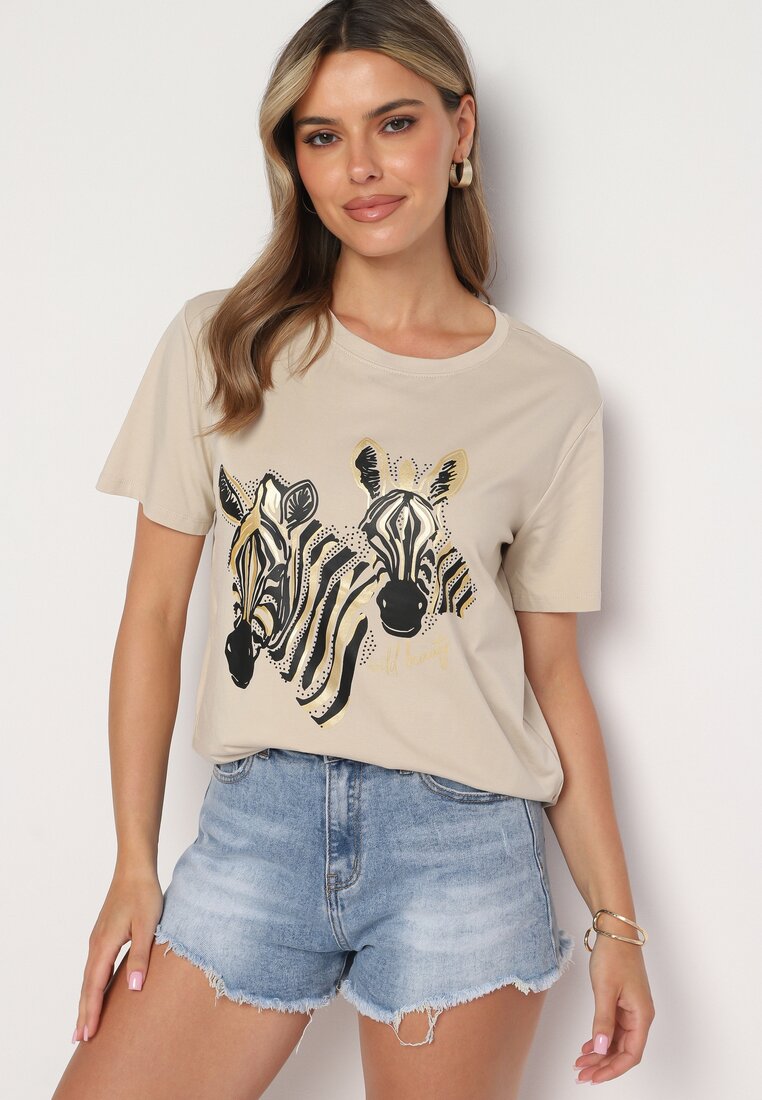 Beżowy Bawełniany T-shirt z Nadrukiem Zwierzęcym Kaslla
