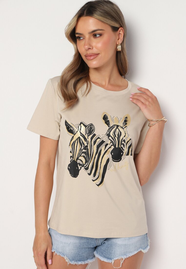 Beżowy Bawełniany T-shirt z Nadrukiem Zwierzęcym Kaslla