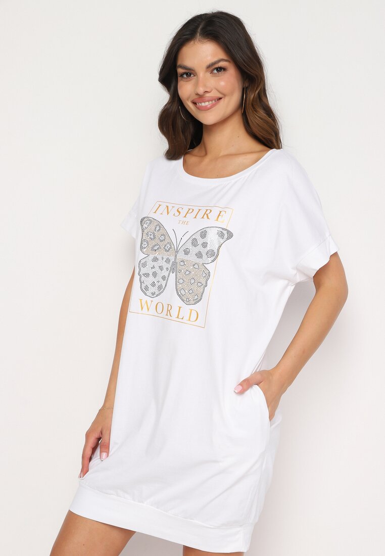 Biała Sukienka w Stylu T-Shirt z Nadrukiem Ozdobionym Cyrkoniami Kelifea