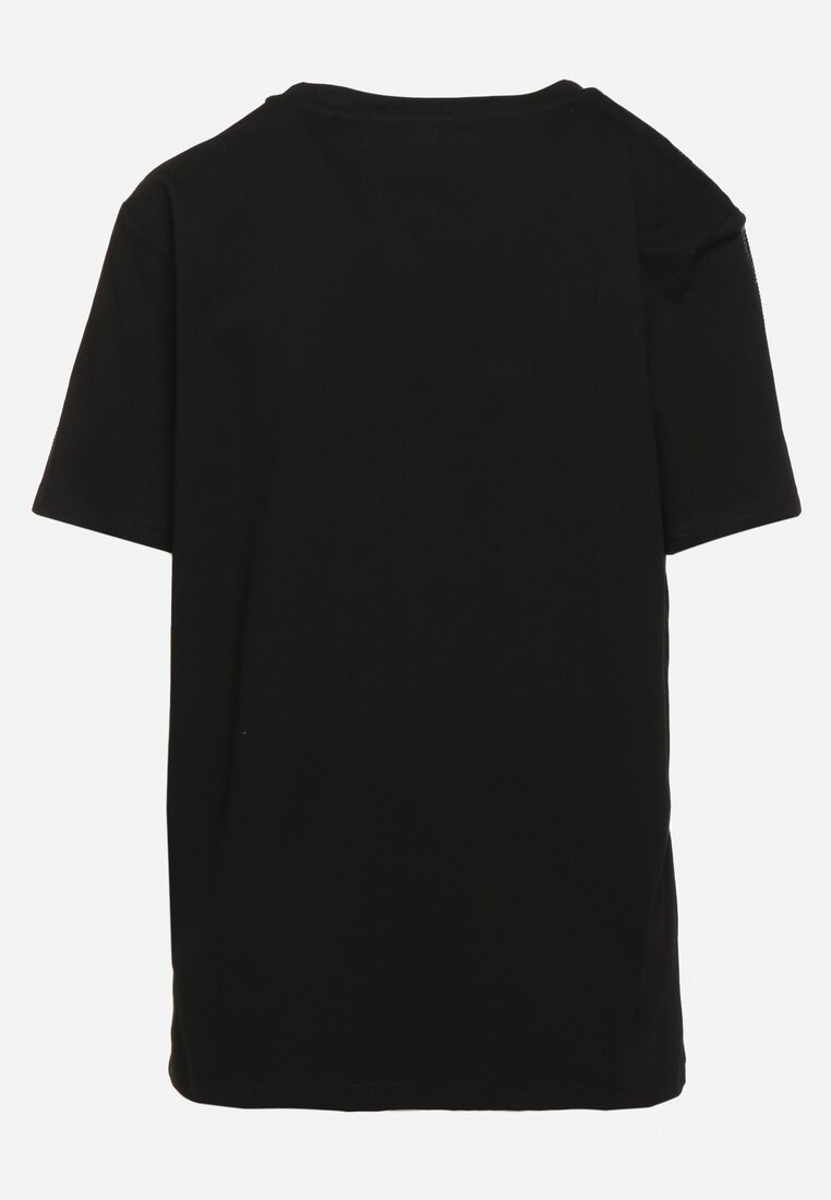 Czarny Klasyczny T-shirt z Bawełny Ozdobiony Cyrkoniami na Rękawach Kalflea