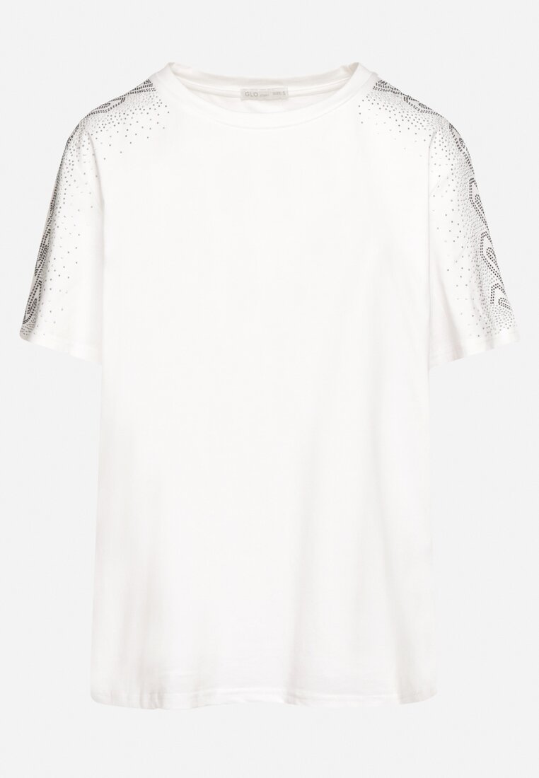 Biały Klasyczny T-shirt z Bawełny Ozdobiony Cyrkoniami na Rękawach Kalflea