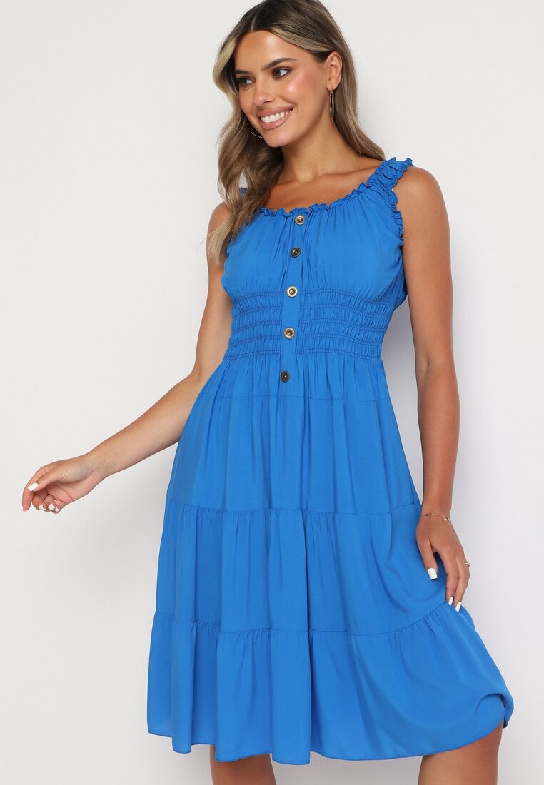 Niebieska Rozkloszowana Sukienka z Bawełny na Ramiączkach Ozdobiona Guzikami Vimalene