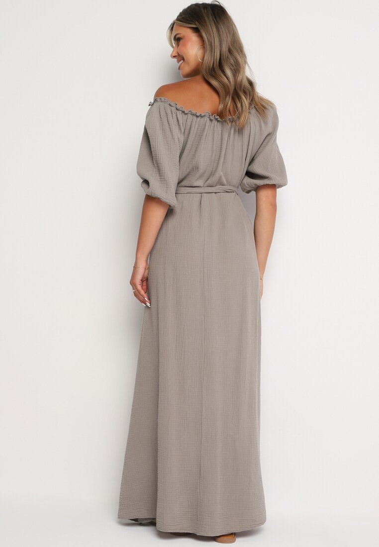 Beżowa Trapezowa Muślinowa Sukienka z Bawełny z Paskiem i Gumką w Talii Vimarinn