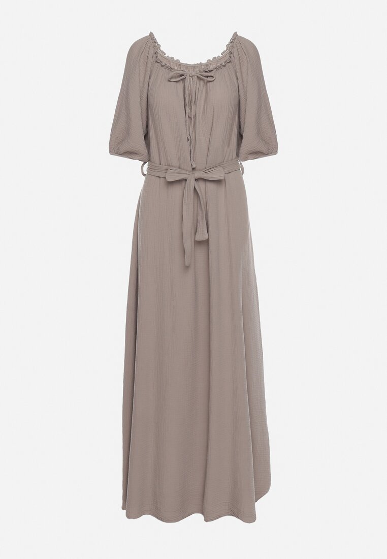 Beżowa Trapezowa Muślinowa Sukienka z Bawełny z Paskiem i Gumką w Talii Vimarinn