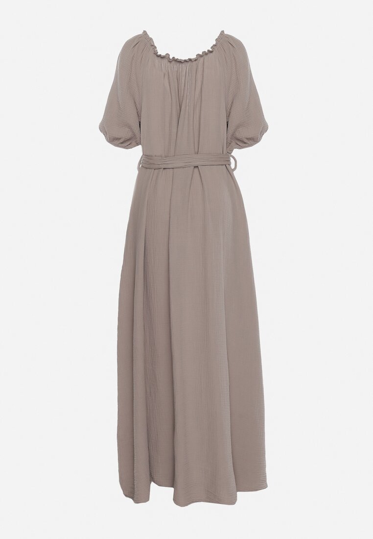 Beżowa Trapezowa Muślinowa Sukienka z Bawełny z Paskiem i Gumką w Talii Vimarinn