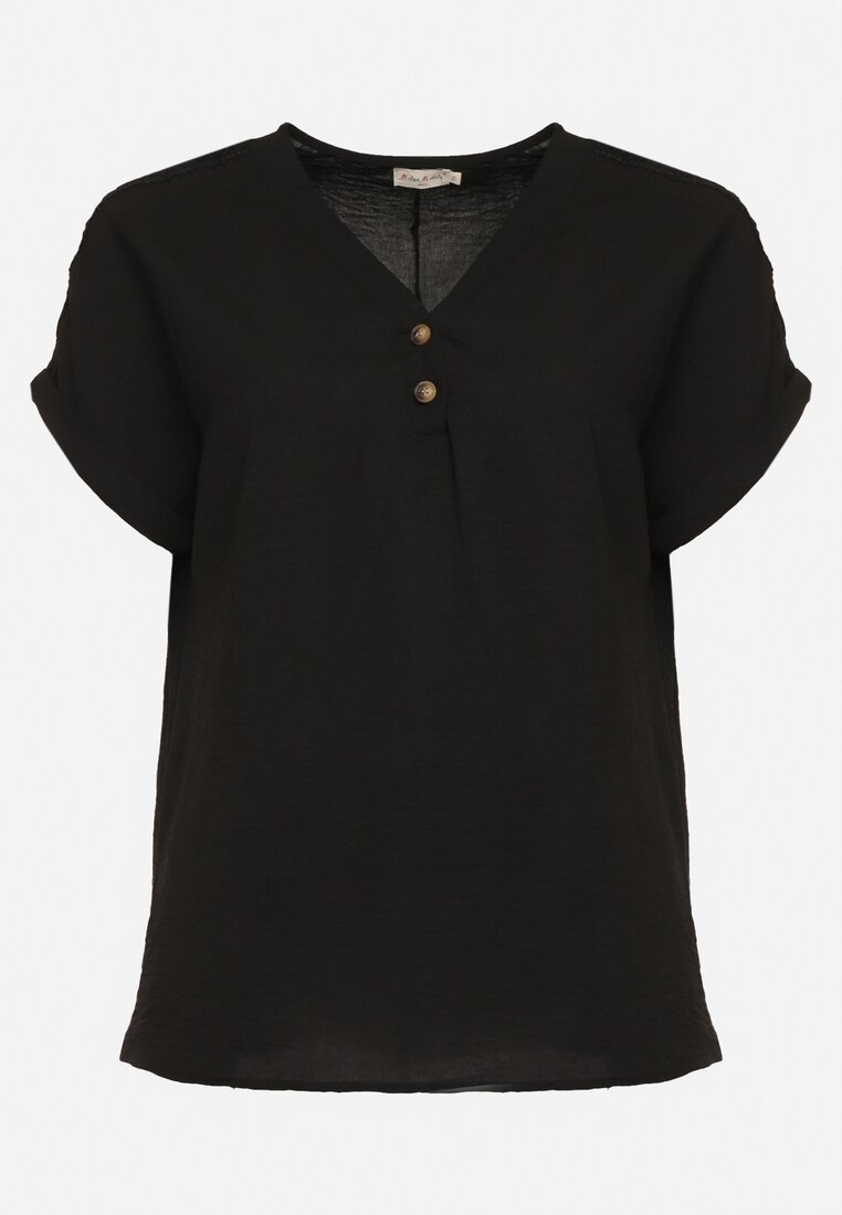 Czarna Bluzka z Dodatkiem Wiskozy z Ażurowymi Wstawkami i Guzikami przy Dekolcie Wimari