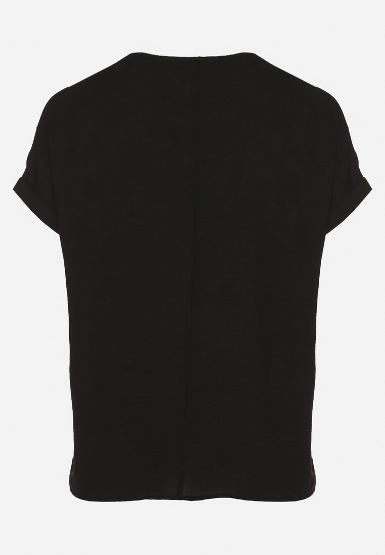 Czarna Bluzka z Dodatkiem Wiskozy z Ażurowymi Wstawkami i Guzikami przy Dekolcie Wimari