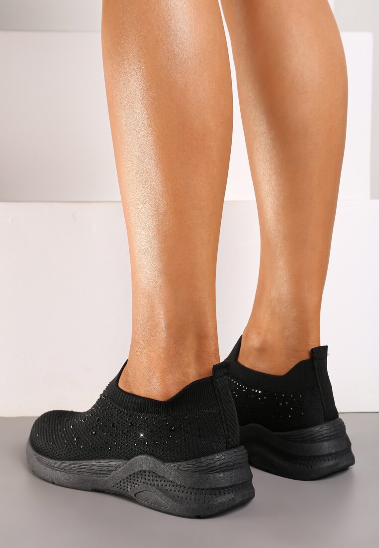 Czarne Buty Sportowe ze Skarpetową Cholewką Ozdobione Cyrkoniami Arabbea