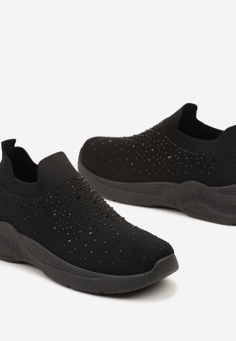 Czarne Buty Sportowe ze Skarpetową Cholewką Ozdobione Cyrkoniami Arabbea