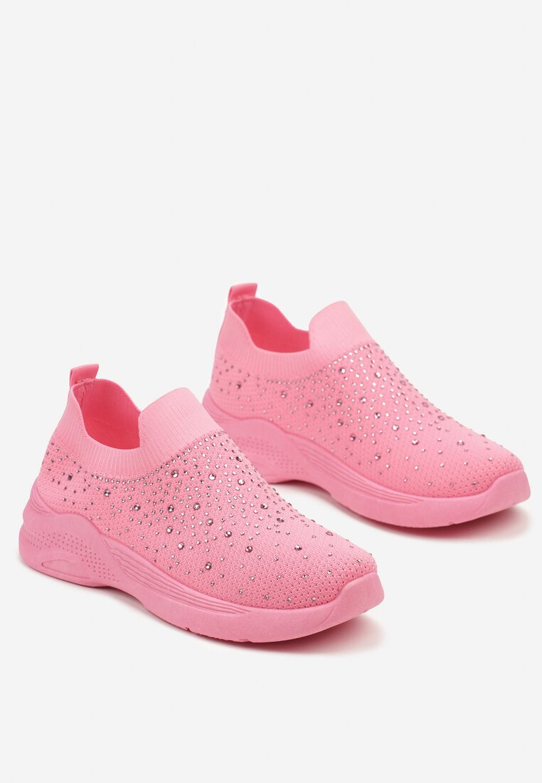 Różowe Buty Sportowe ze Skarpetową Cholewką Ozdobione Cyrkoniami Arabbea