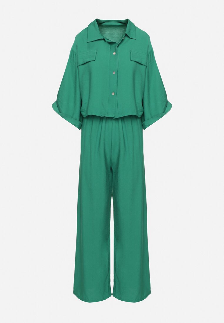 Zielony Komplet Dwuczęściowy z Wiskozy Koszula z Guzikami Spodnie z Gumką w Talii Vimarenes
