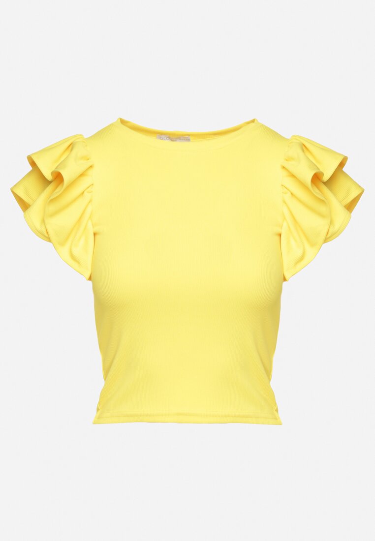 Żółty T-shirt Koszulka z Prążkowanego Materiału z Falbanką przy Rękawach Vimandria
