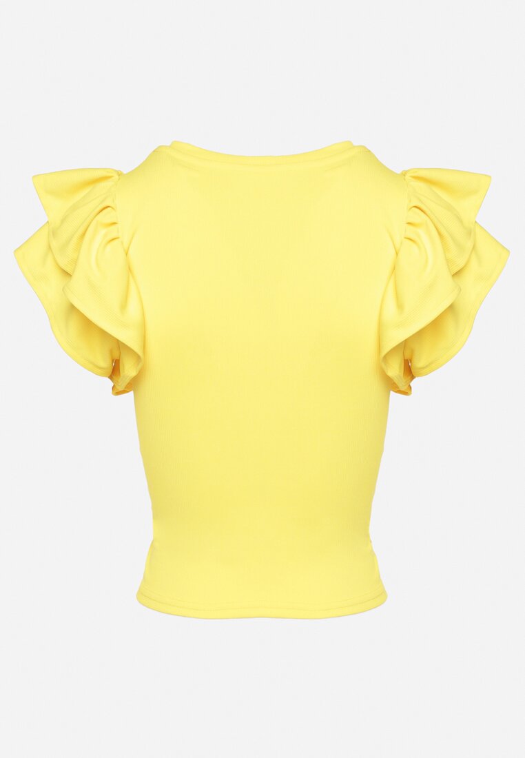 Żółty T-shirt Koszulka z Prążkowanego Materiału z Falbanką przy Rękawach Vimandria