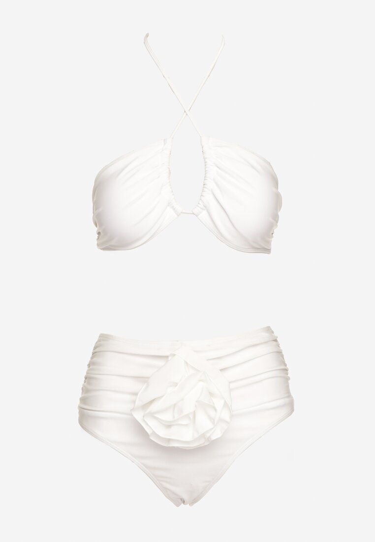 Białe Bikini 2-Częściowe Stanik Wiązany na Szyi Figi z Podwyższonym Stanem Tegelia