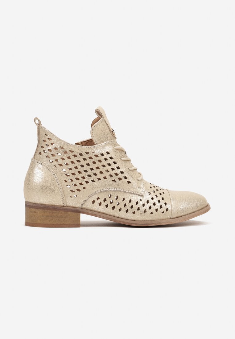Złote Ażurowe Wiązane Botki na Płaskiej Podeszwie ze Skórzaną Wkładką Tagelia