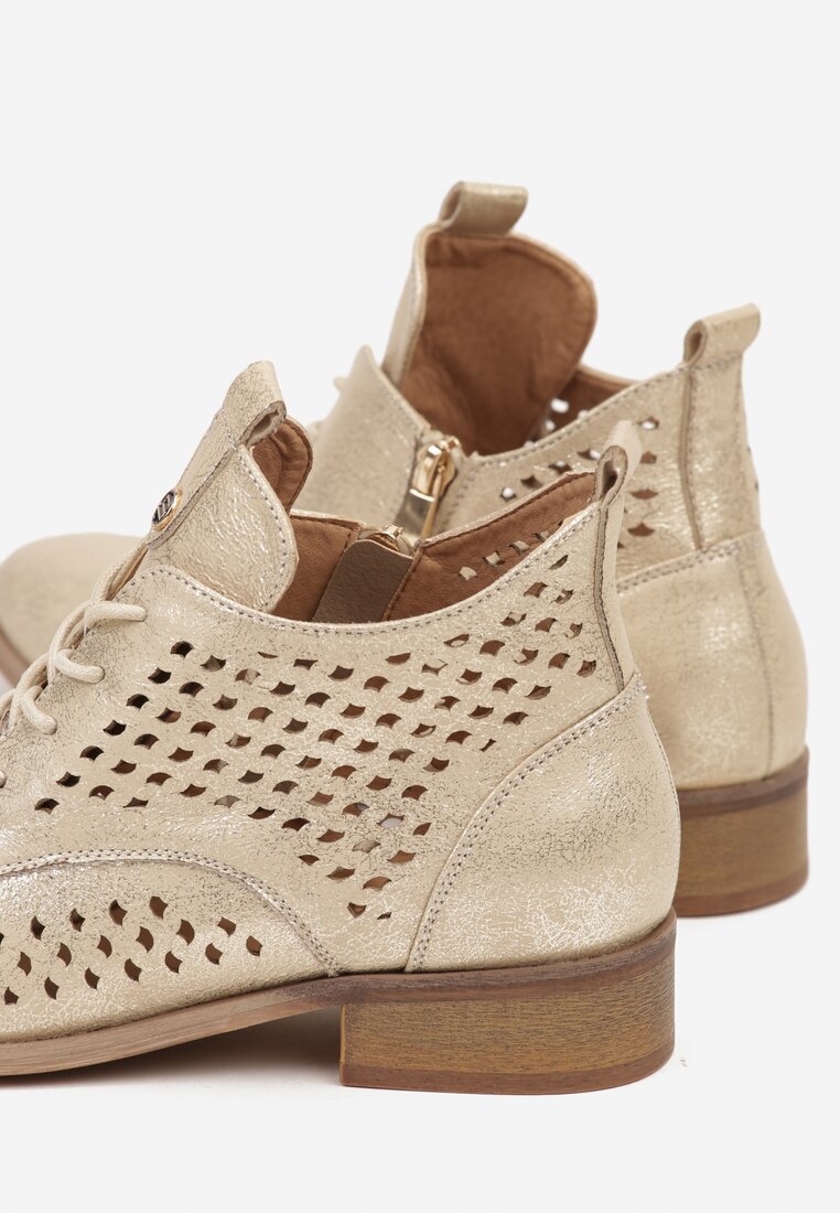 Złote Ażurowe Wiązane Botki na Płaskiej Podeszwie ze Skórzaną Wkładką Tagelia