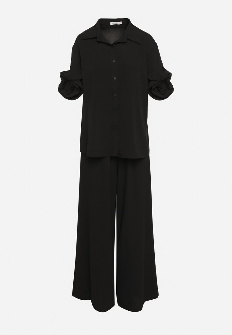 Czarny Komplet Koszula z Ozdobnymi Rękawami i Szerokie Spodnie Rivasene