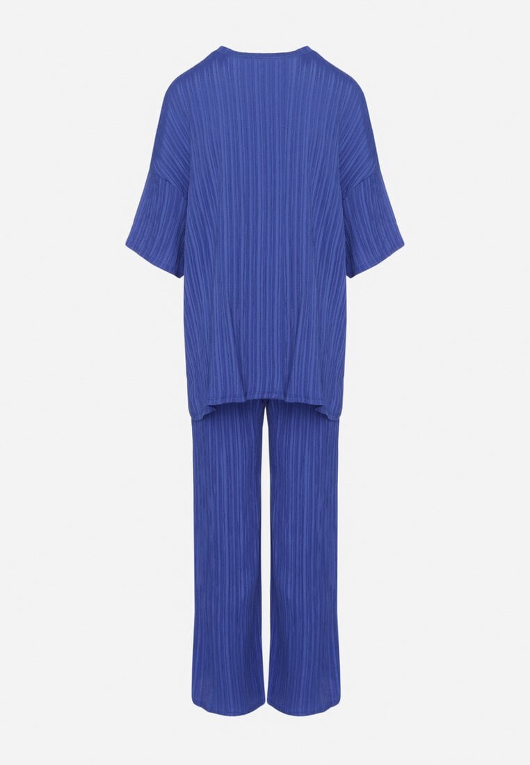 Niebieski Komplet Oversize z Bluzką i Długimi Spodniami z Gumką w Pasie Urinivia