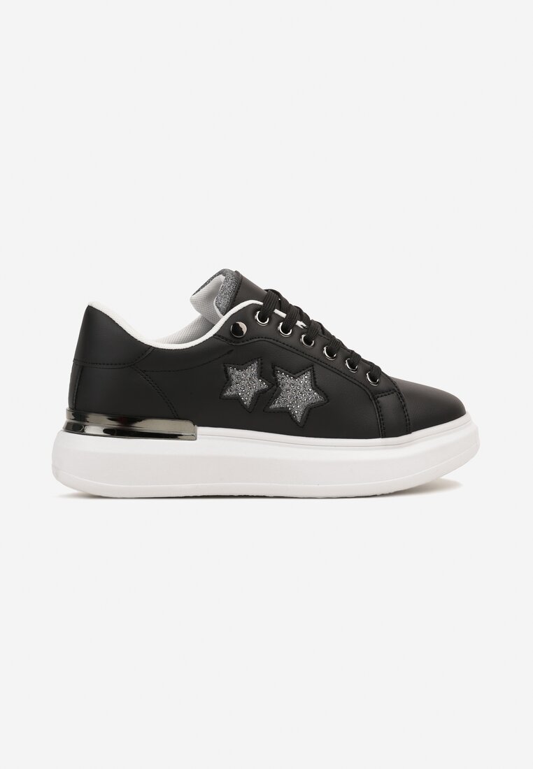 Czarne Płaskie Sneakersy z Gwiazdkami i Metalicznymi Wstawkami Jalelia