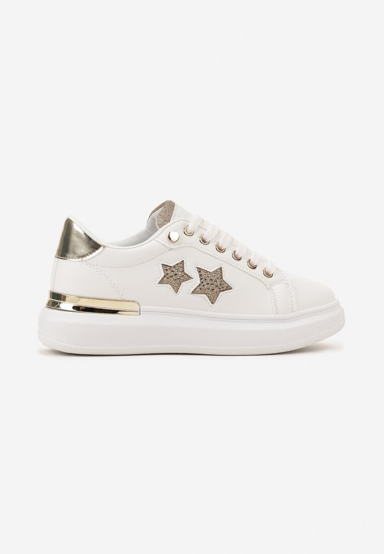 Biało-Złote Płaskie Sneakersy z Gwiazdkami i Metalicznymi Wstawkami Jalelia
