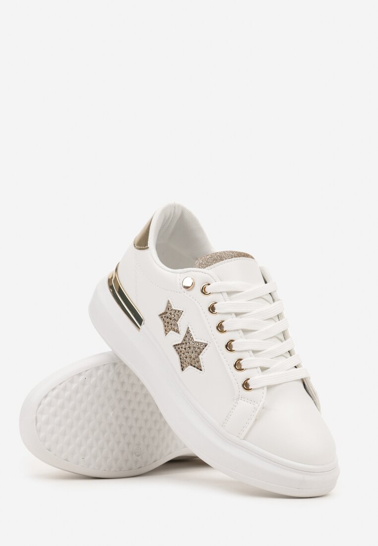 Biało-Złote Płaskie Sneakersy z Gwiazdkami i Metalicznymi Wstawkami Jalelia