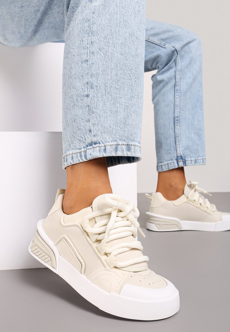 Beżowe Sneakersy Trampki na Grubej Podeszwie z Szerokimi Sznurówkami Lindnesa