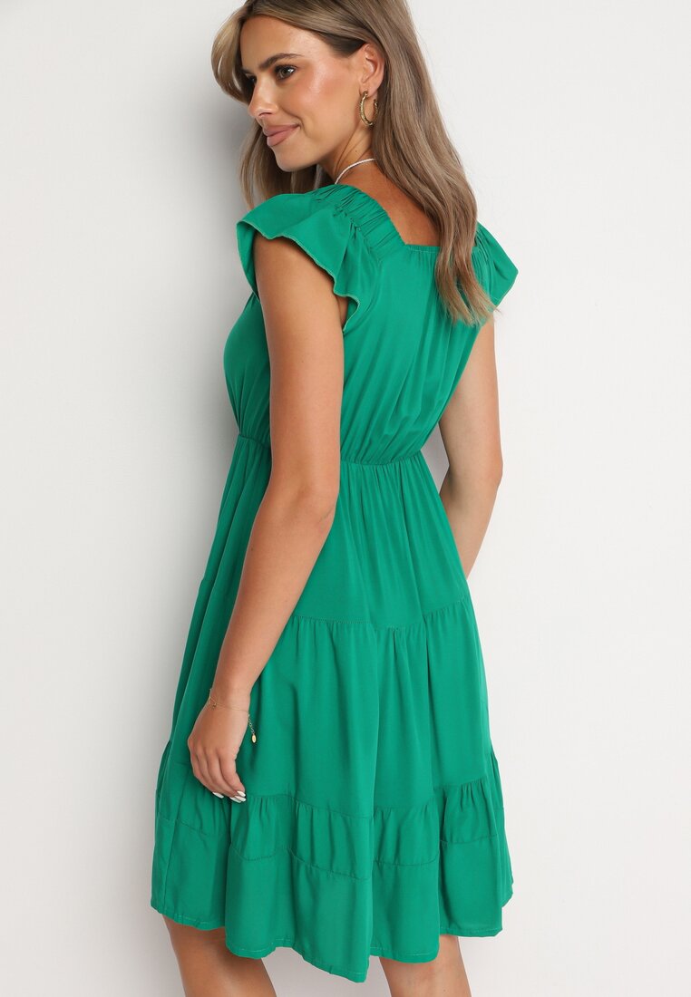 Zielona Rozkloszowana Sukienka w Hiszpańskim Stylu z Gumką w Pasie Yemvia