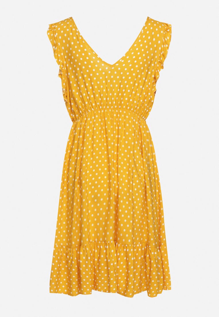 Żółta Rozkloszowana Sukienka z Bawełną i Wiskozą Wykończona Gumką w Talii z Falbanką Fesvia