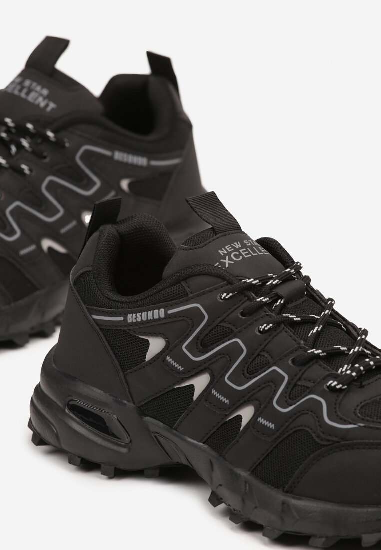 Czarno-Szare Sznurowane Buty Sportowe Sneakersy na Płaskiej Tłoczonej Podeszwie Arefoa