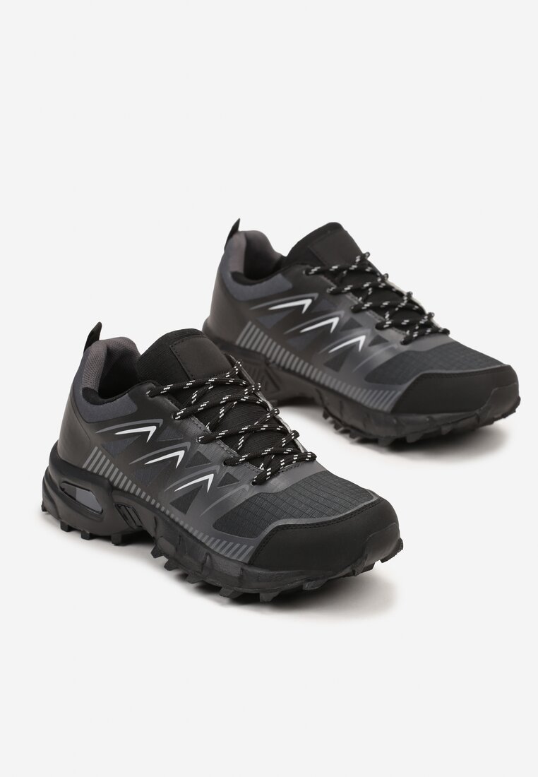Czarno-Szare Sznurowane Płaskie Buty Sportowe z Geometrycznym Wzorem Brefoa