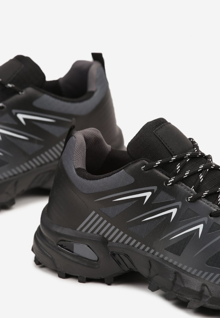 Czarno-Szare Sznurowane Płaskie Buty Sportowe z Geometrycznym Wzorem Brefoa
