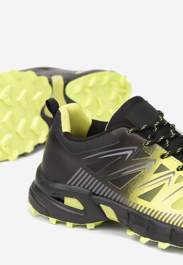 Czarno-Zielone Sznurowane Płaskie Buty Sportowe z Geometrycznym Wzorem Brefoa