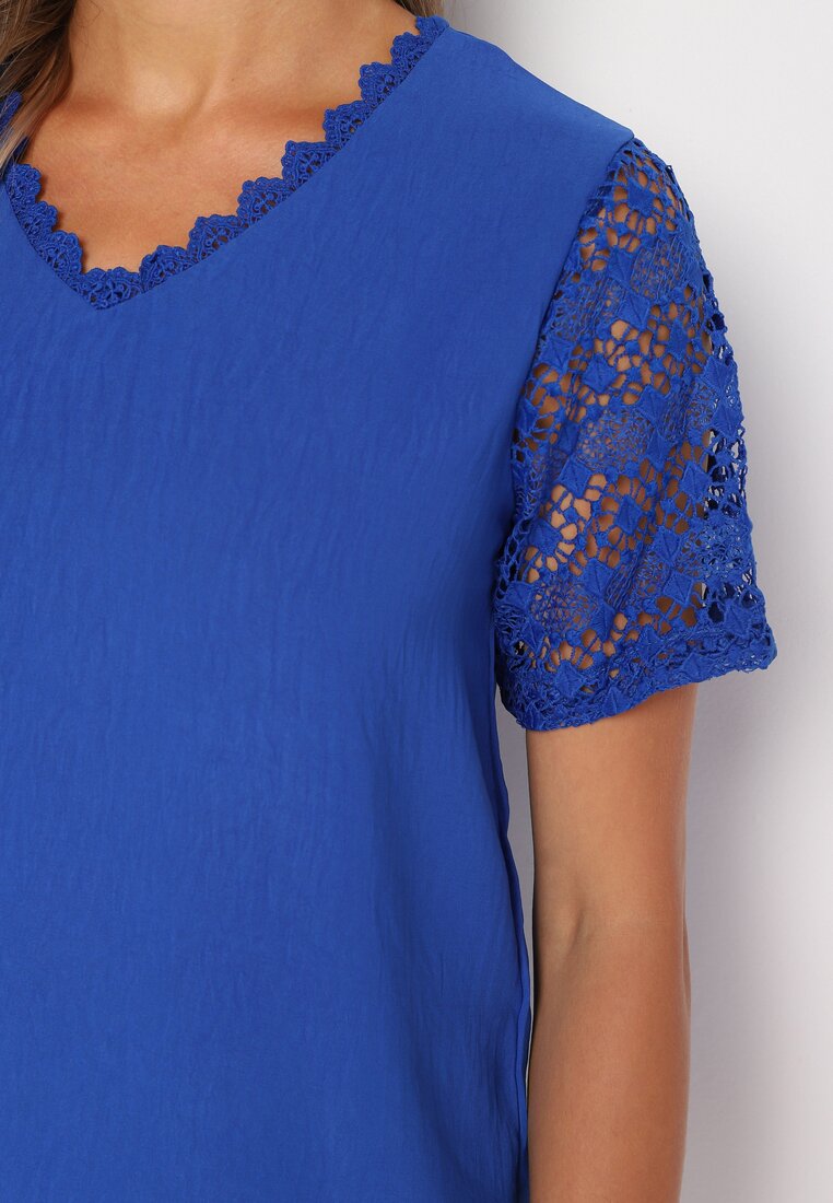 Granatowa Bluzka z Ażurowym Zdobieniem Avel