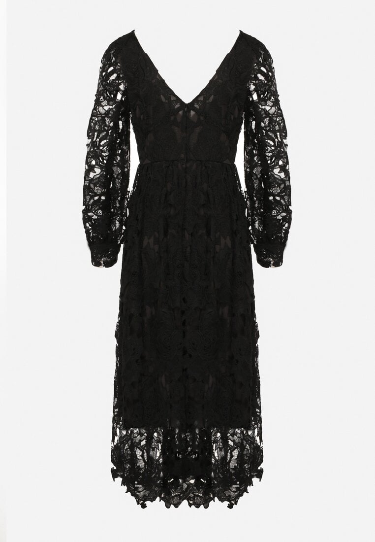 Czarna Sukienka Koronkowa o Rozkloszowanym Kroju w Stylu Retro Lerilis