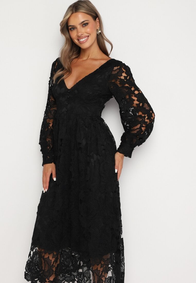 Czarna Sukienka Koronkowa o Rozkloszowanym Kroju w Stylu Retro Lerilis