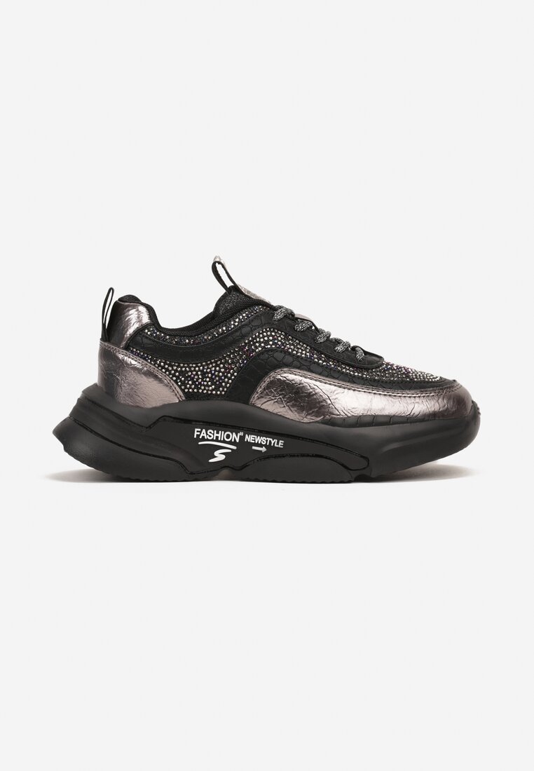 Szare Płaskie Buty Sportowe Sneakersy ze Skórzaną Wkładką i Metaliczną Wstawką Abelv