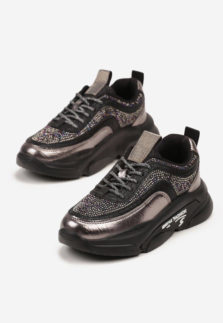 Szare Płaskie Buty Sportowe Sneakersy ze Skórzaną Wkładką i Metaliczną Wstawką Abelv