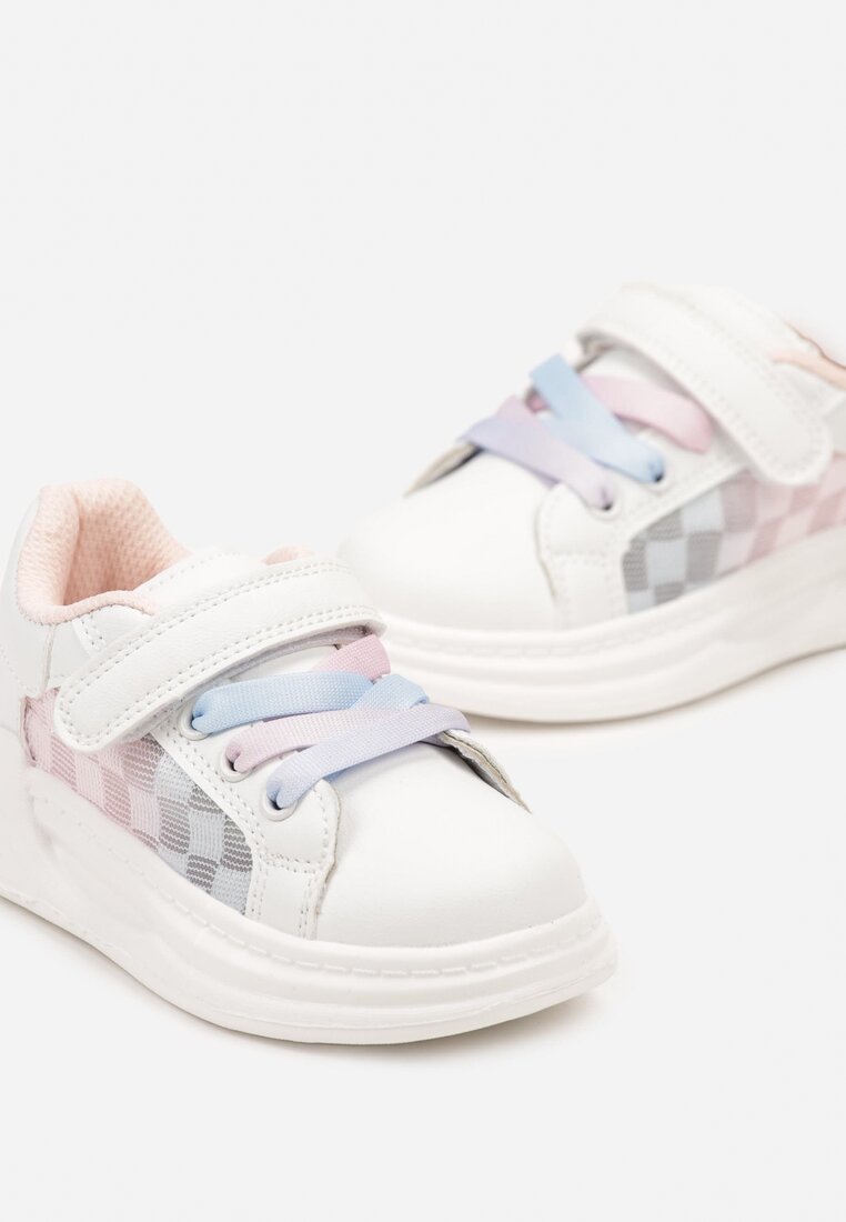Biało-Różowe Płaskie Buty Sportowe Sneakersy z Kolorowymi Sznurówkami i Skórzaną Wkładką Elmelba