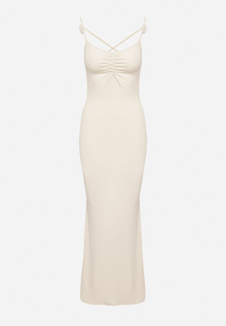Beżowa Sukienka Bodycon Wiązana na Plecach na Sznurki z Kwiatkami Crivia