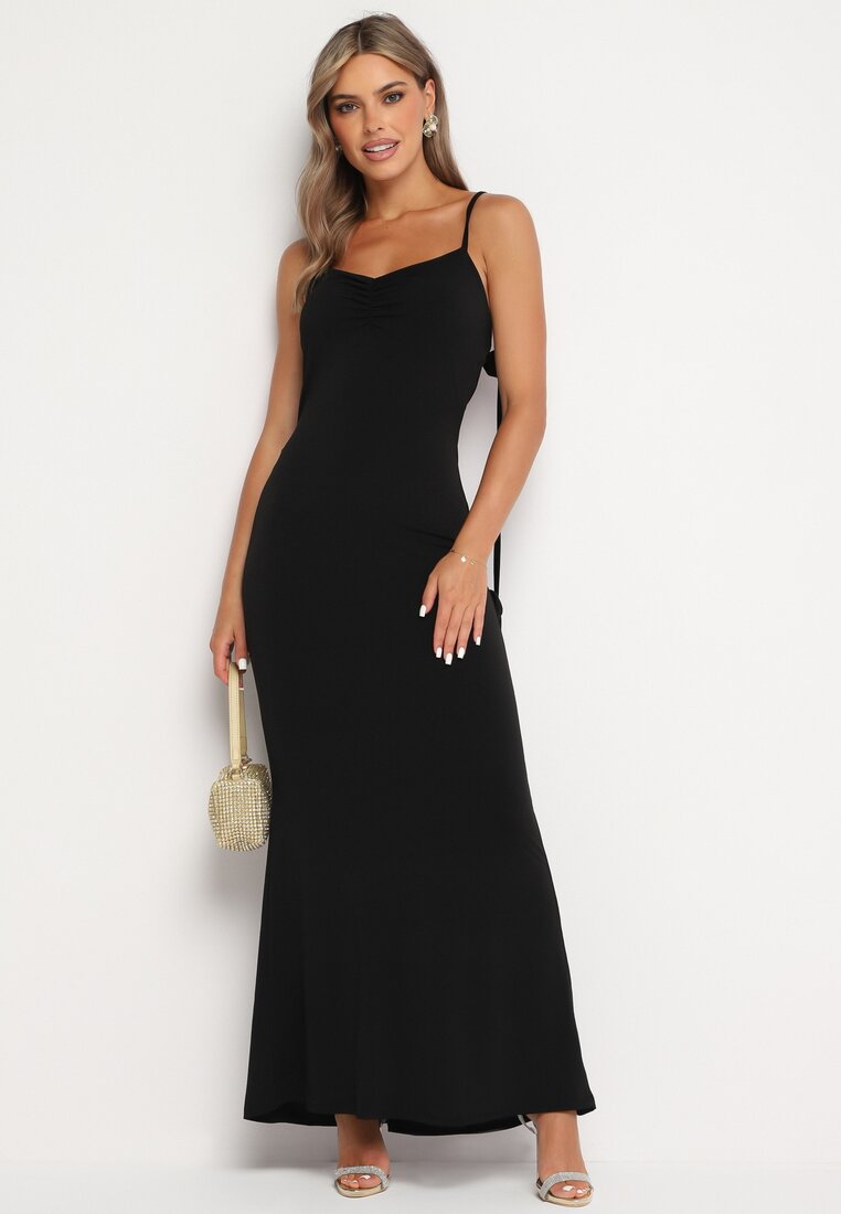 Czarna Sukienka Bodycon Wiązana na Plecach na Sznurki z Kwiatkami Crivia