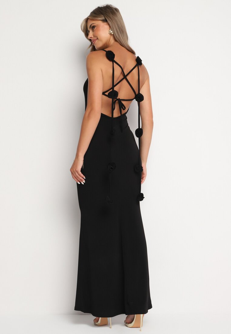 Czarna Sukienka Bodycon Wiązana na Plecach na Sznurki z Kwiatkami Crivia