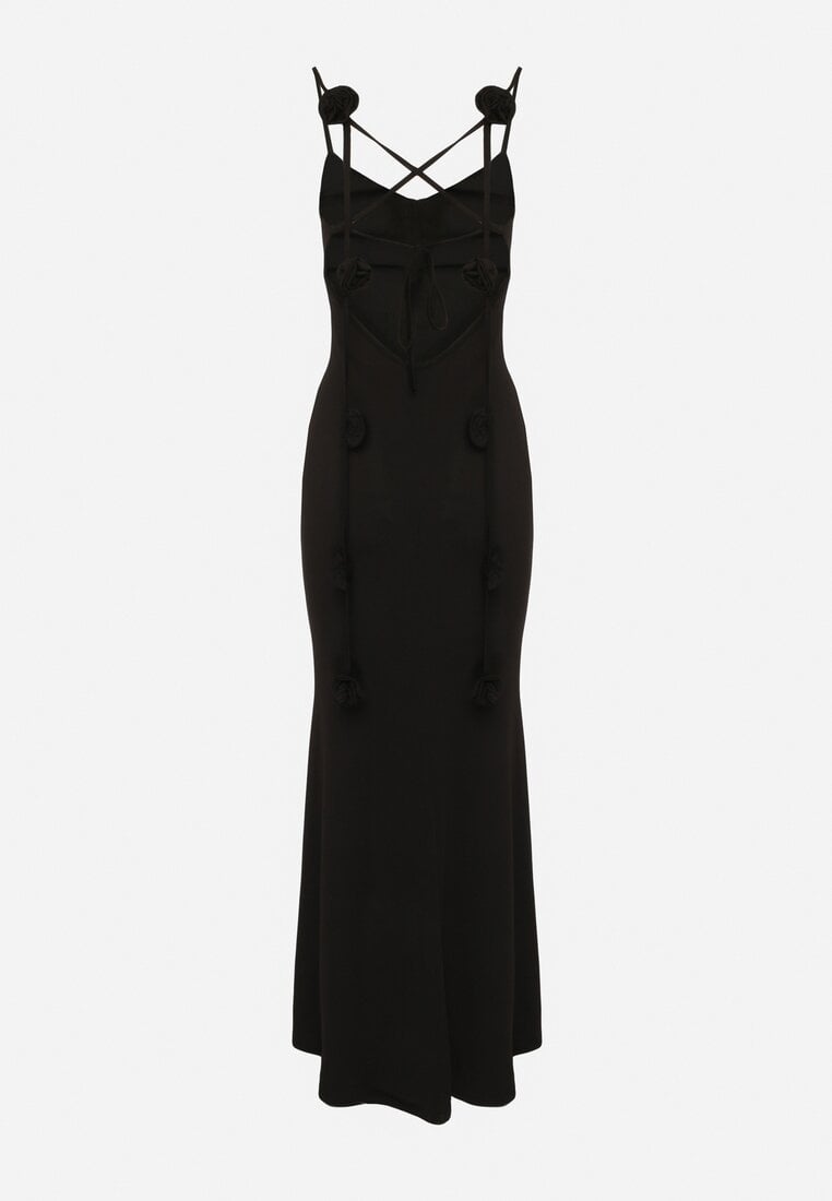 Czarna Sukienka Bodycon Wiązana na Plecach na Sznurki z Kwiatkami Crivia