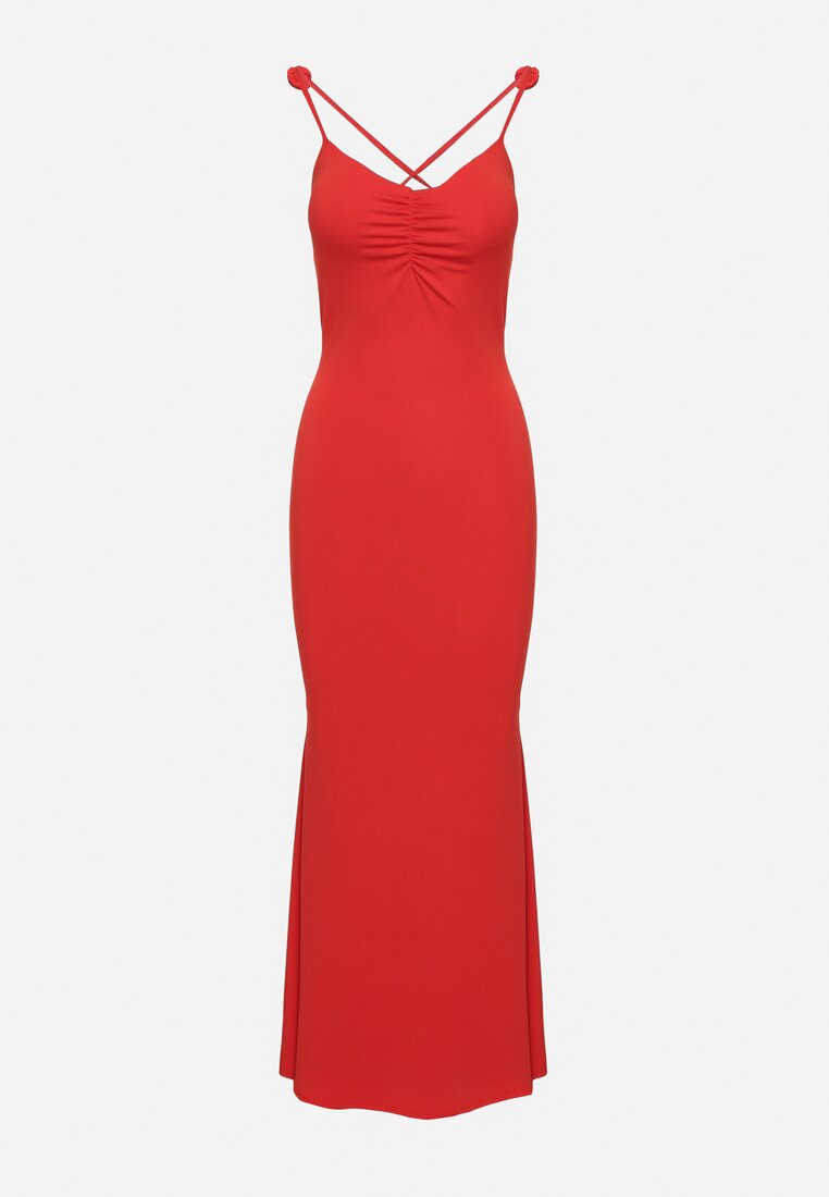 Czerwona Sukienka Bodycon Wiązana na Plecach na Sznurki z Kwiatkami Crivia