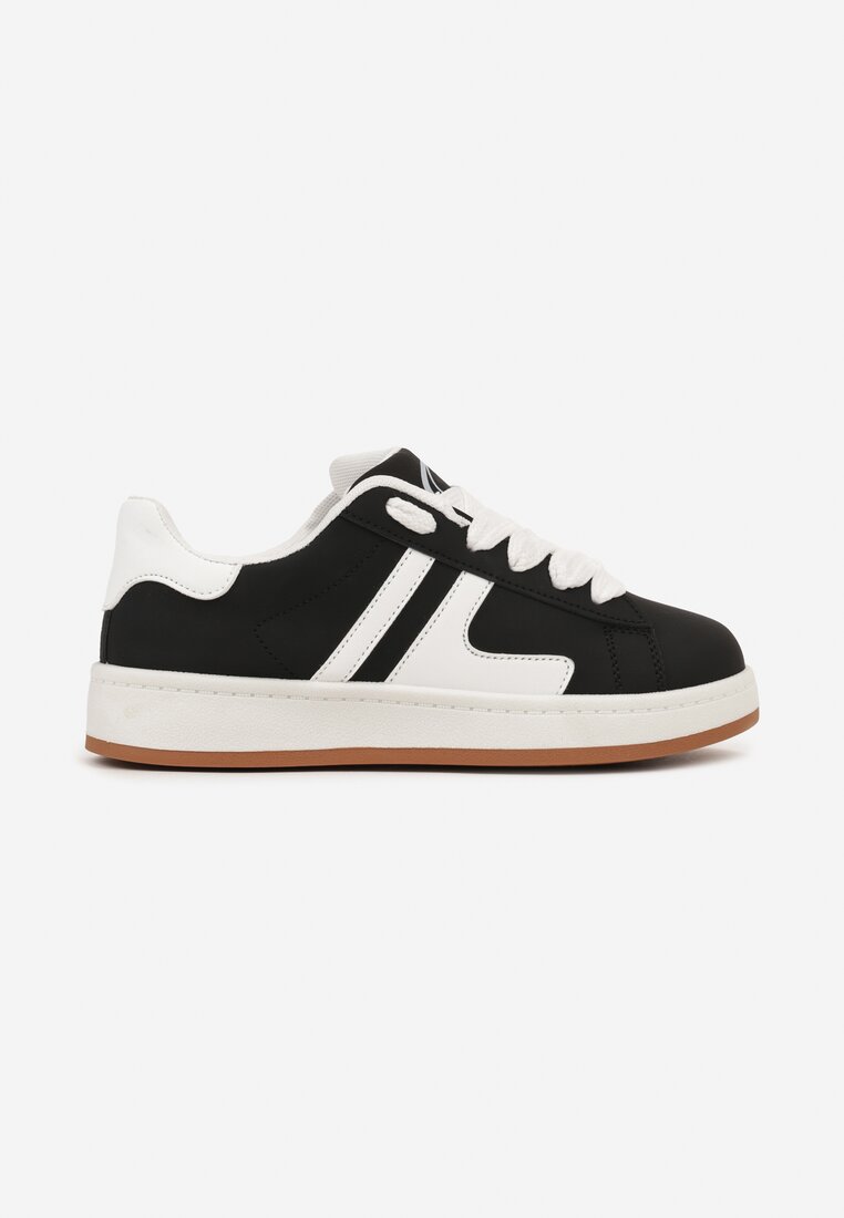 Czarne Płaskie Sznurowane Sneakersy z Kontrastowymi Wstawkami Deliris