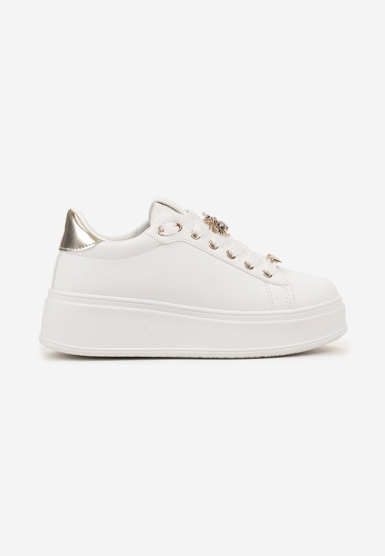 Biało-Złote Sneakersy z Aplikacją w Motywie Owada i Cyrkoniami Rendell